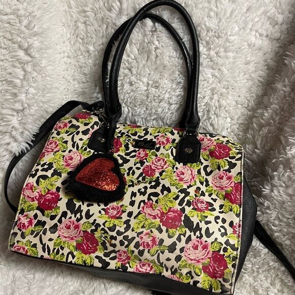 Betsey Johnson floral red roses & cheetah print shoulder bag black trim & straps - Picture 3 of 12
